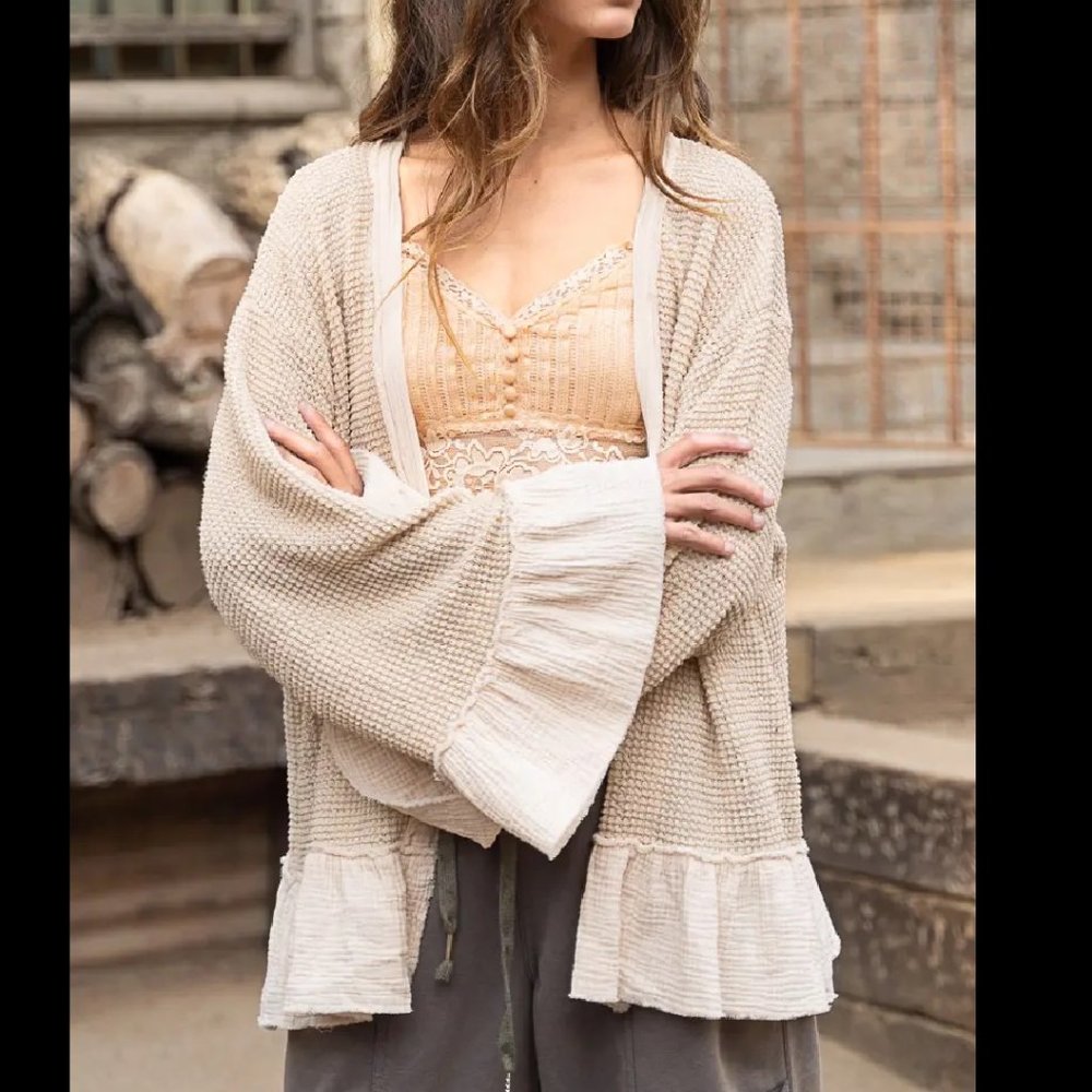 POL Beige Boho Bell Ruffle Sleeve Cardigan